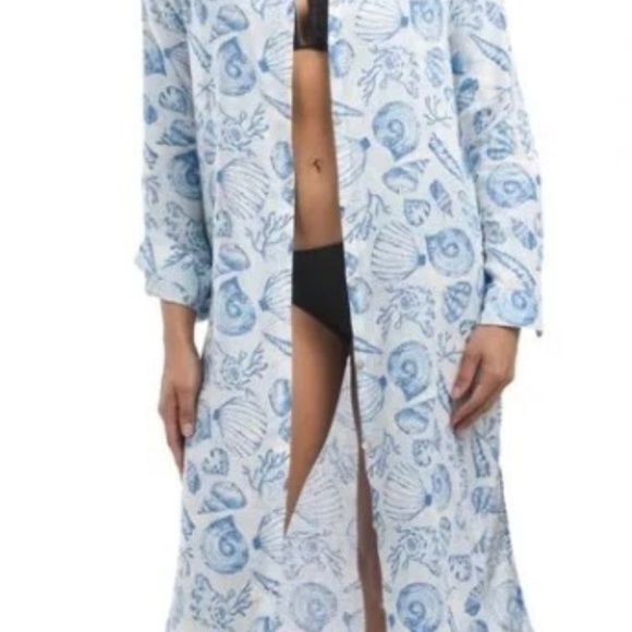 Martha Stewart Womens Linen Blend Shirt Dress Blue White Beach Shells Size Small - Picture 16 of 16